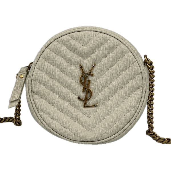 Saint Laurent Calfskin Matelasse Chevron Round Vinyle Camera Bag - White