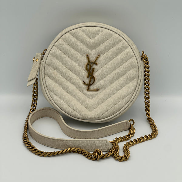 Saint Laurent Calfskin Matelasse Chevron Round Vinyle Camera Bag - White