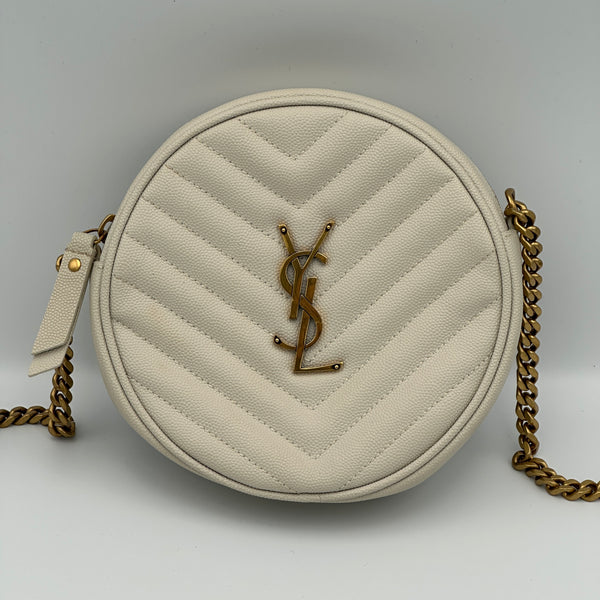 Saint Laurent Calfskin Matelasse Chevron Round Vinyle Camera Bag - White
