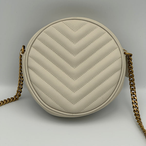Saint Laurent Calfskin Matelasse Chevron Round Vinyle Camera Bag - White