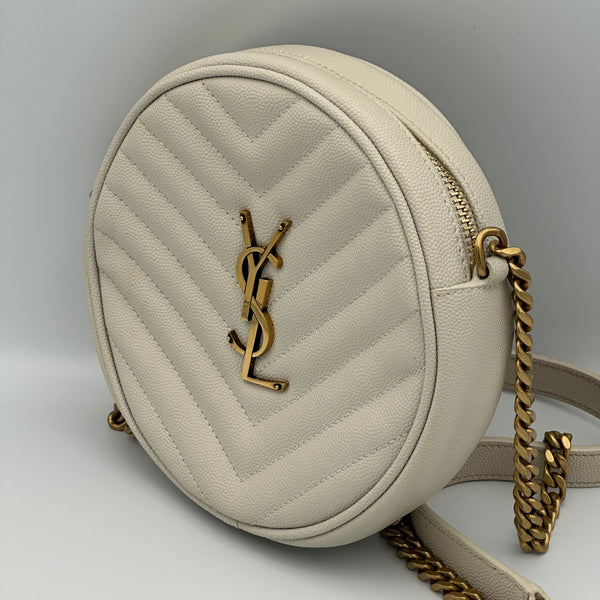 Saint Laurent Calfskin Matelasse Chevron Round Vinyle Camera Bag - White