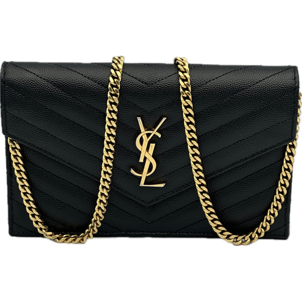 Saint Laurent Cassandre Envelope Chain Wallet in Grain De Poudre Leather - Black