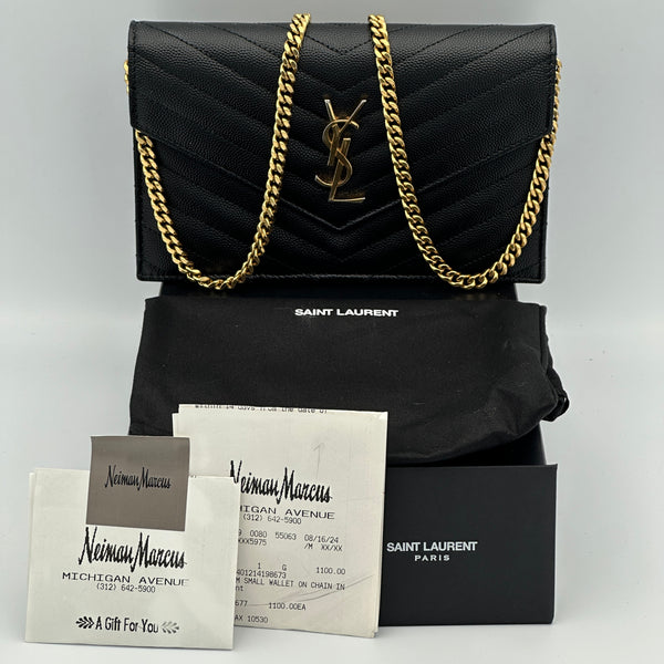 Saint Laurent Cassandre Envelope Chain Wallet in Grain De Poudre Leather - Black