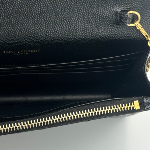 Saint Laurent Cassandre Envelope Chain Wallet in Grain De Poudre Leather - Black