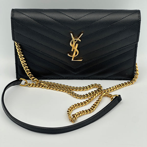 Saint Laurent Cassandre Envelope Chain Wallet in Grain De Poudre Leather - Black
