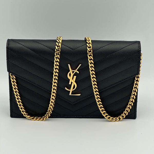 Saint Laurent Cassandre Envelope Chain Wallet in Grain De Poudre Leather - Black