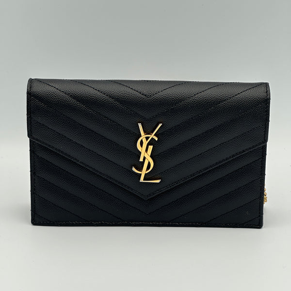 Saint Laurent Cassandre Envelope Chain Wallet in Grain De Poudre Leather - Black