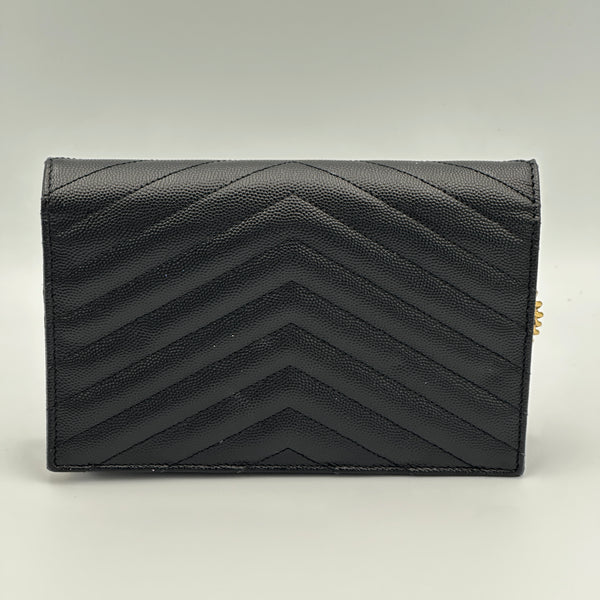 Saint Laurent Cassandre Envelope Chain Wallet in Grain De Poudre Leather - Black