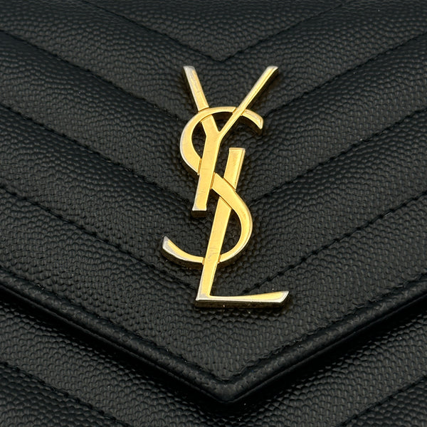 Saint Laurent Cassandre Envelope Chain Wallet in Grain De Poudre Leather - Black