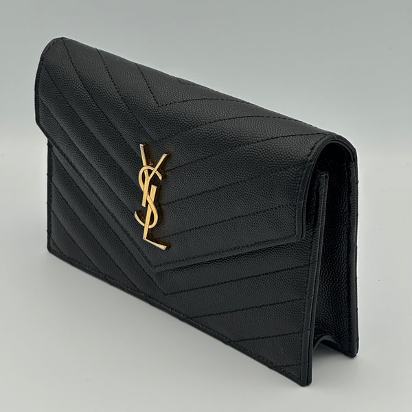 Saint Laurent Cassandre Envelope Chain Wallet in Grain De Poudre Leather - Black