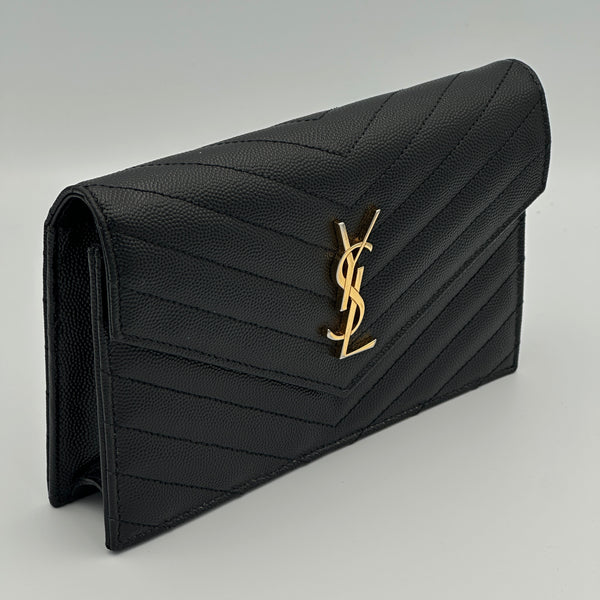 Saint Laurent Cassandre Envelope Chain Wallet in Grain De Poudre Leather - Black