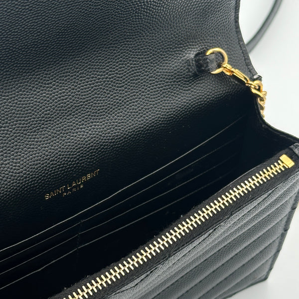 Saint Laurent Cassandre Envelope Chain Wallet in Grain De Poudre Leather - Black