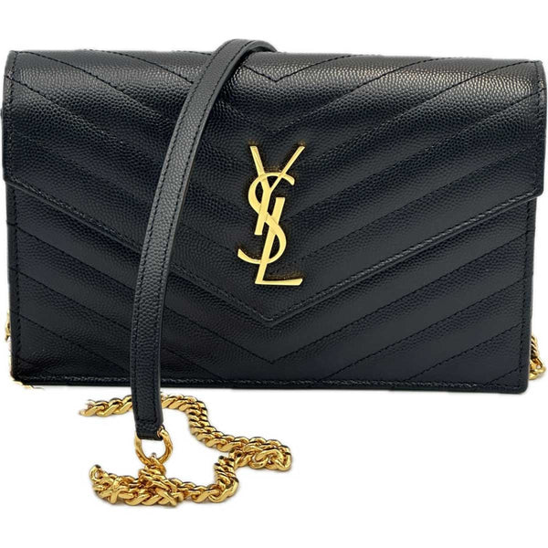Saint Laurent Cassandre Envelope Chain Wallet in Grain De Poudre Leather