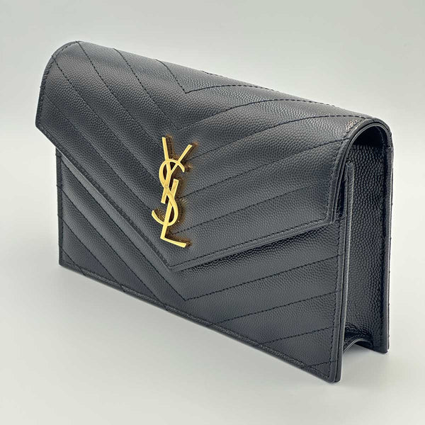 Saint Laurent Cassandre Envelope Chain Wallet in Grain De Poudre Leather