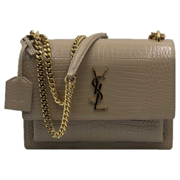 Saint Laurent Crocodile Embossed Leather Sunset Medium Shoulder Bag - Beige