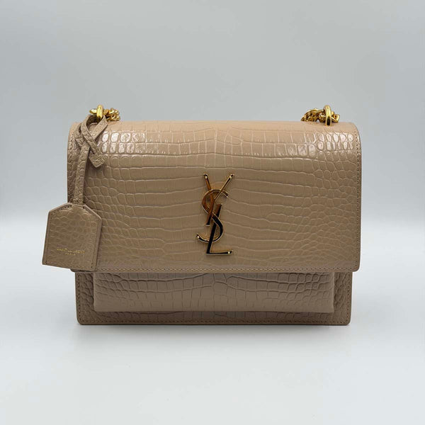 Saint Laurent Crocodile Embossed Leather Sunset Medium Shoulder Bag - Beige