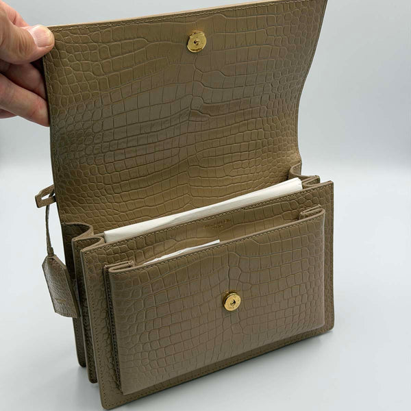 Saint Laurent Crocodile Embossed Leather Sunset Medium Shoulder Bag - Beige