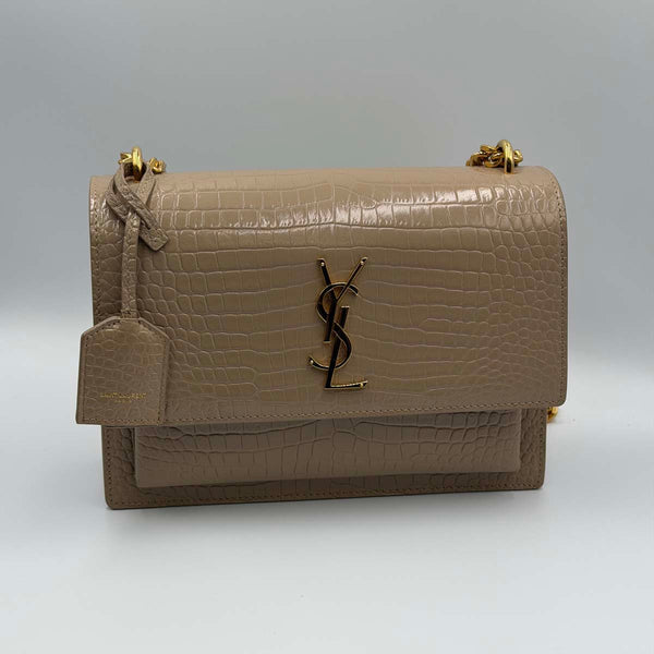 Saint Laurent Crocodile Embossed Leather Sunset Medium Shoulder Bag - Beige