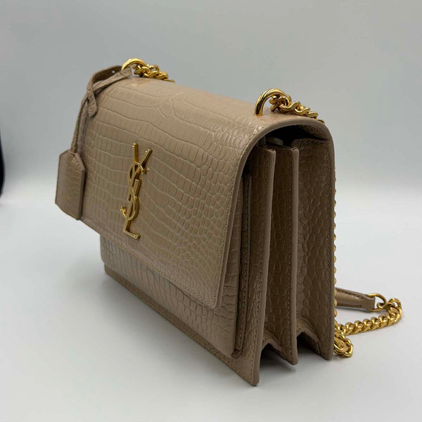 Saint Laurent Crocodile Embossed Leather Sunset Medium Shoulder Bag - Beige