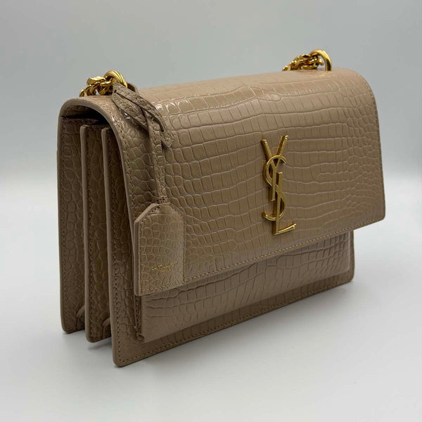 Saint Laurent Crocodile Embossed Leather Sunset Medium Shoulder Bag - Beige