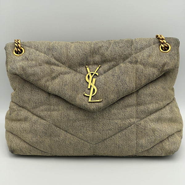 Saint Laurent Denim Quilted Medium Loulou Puffer Monogram Chain Satchel Azur