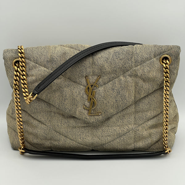 Saint Laurent Denim Quilted Medium Loulou Puffer Monogram Chain Satchel Azur