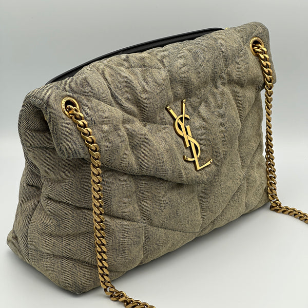 Saint Laurent Denim Quilted Medium Loulou Puffer Monogram Chain Satchel Azur