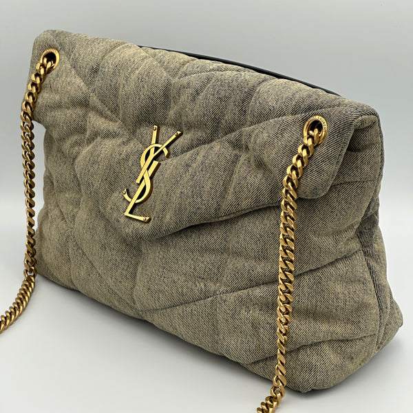 Saint Laurent Denim Quilted Medium Loulou Puffer Monogram Chain Satchel Azur