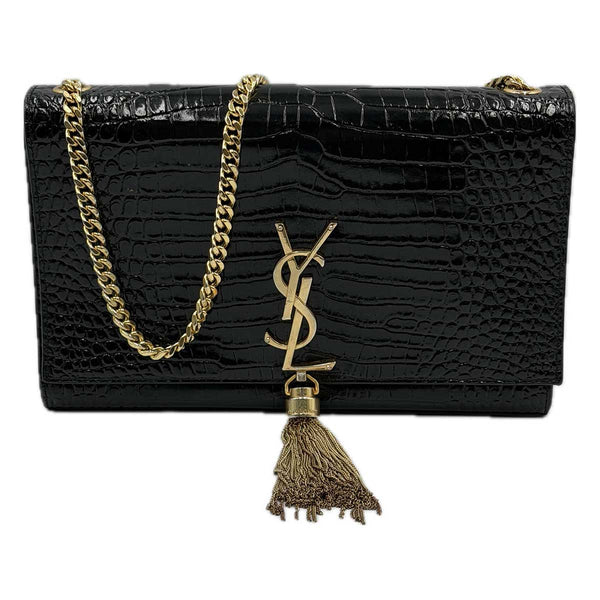 Saint Laurent Kate Medium Chain Bag With Tassel In Crocodile-embossed Shiny Leather - Nero