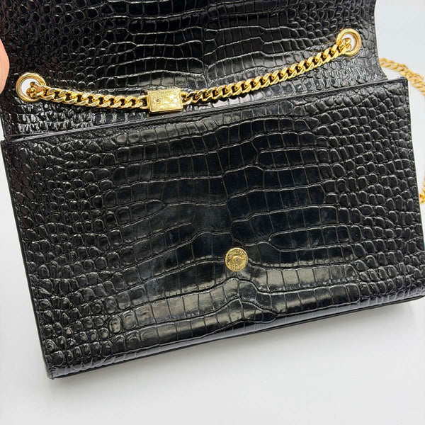Saint Laurent Kate Medium Chain Bag With Tassel In Crocodile-embossed Shiny Leather - Nero