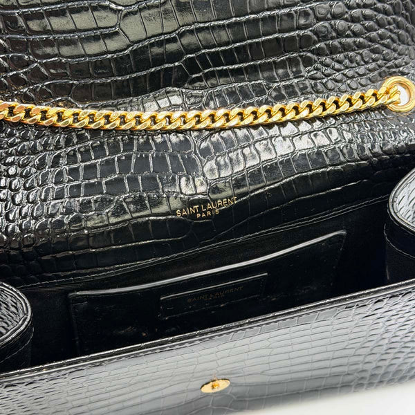Saint Laurent Kate Medium Chain Bag With Tassel In Crocodile-embossed Shiny Leather - Nero