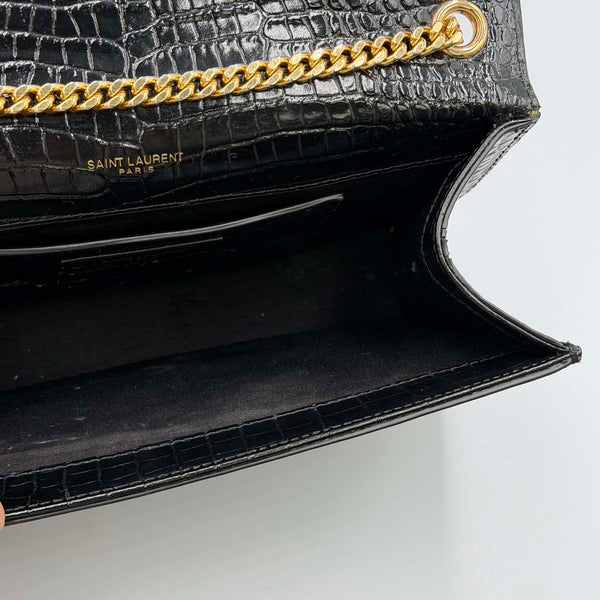 Saint Laurent Kate Medium Chain Bag With Tassel In Crocodile-embossed Shiny Leather - Nero