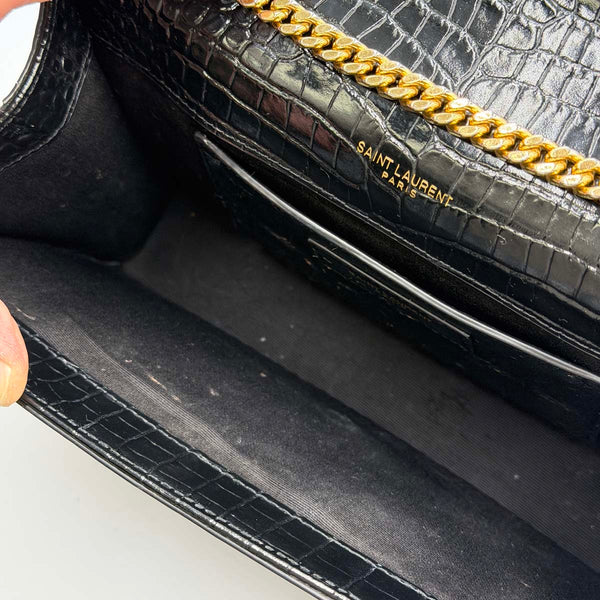 Saint Laurent Kate Medium Chain Bag With Tassel In Crocodile-embossed Shiny Leather - Nero