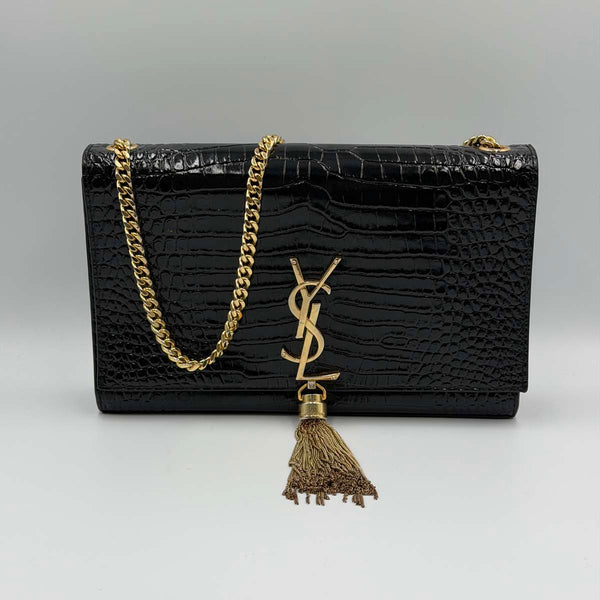 Saint Laurent Kate Medium Chain Bag With Tassel In Crocodile-embossed Shiny Leather - Nero