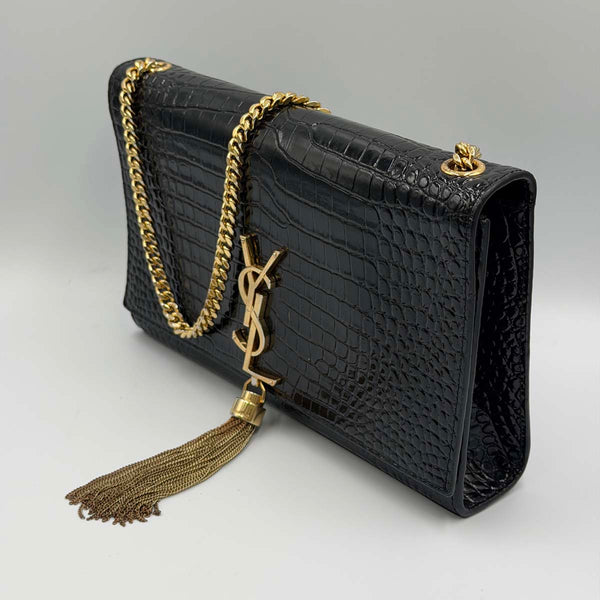 Saint Laurent Kate Medium Chain Bag With Tassel In Crocodile-embossed Shiny Leather - Nero