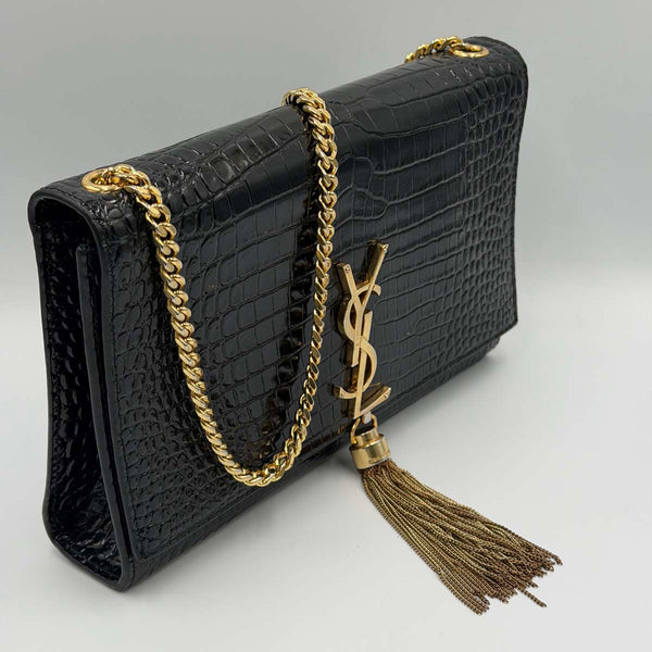 Saint Laurent Kate Medium Chain Bag With Tassel In Crocodile-embossed Shiny Leather - Nero