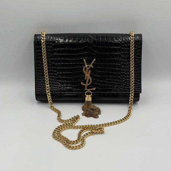 Saint Laurent Kate Medium Chain Bag With Tassel In Crocodile-embossed Shiny Leather - Nero