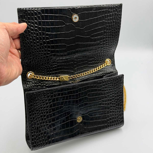Saint Laurent Kate Medium Chain Bag With Tassel In Crocodile-embossed Shiny Leather - Nero