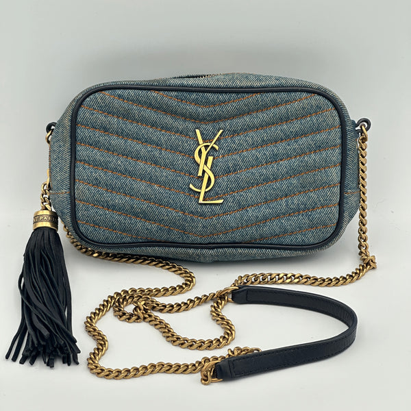 Saint Laurent Lou Mini YSL Monogram Denim Camera Bag - California Blue