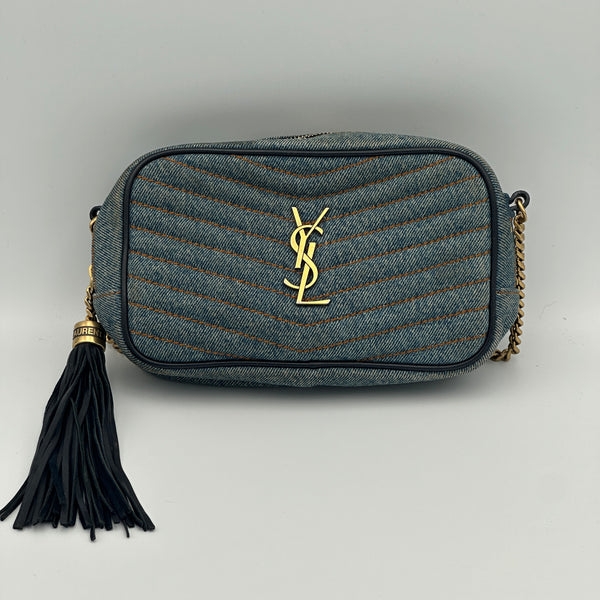 Saint Laurent Lou Mini YSL Monogram Denim Camera Bag - California Blue