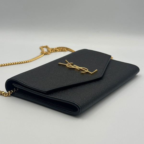 Saint Laurent Upton Chain Wallet in Grain De Poudre Embossed Leather