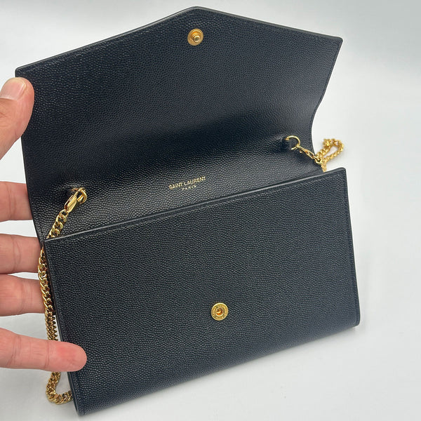 Saint Laurent Upton Chain Wallet in Grain De Poudre Embossed Leather