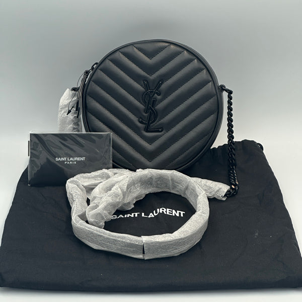 Saint Laurent Matelasse Calfskin Monogram Vinyle Round Camera Bag - Black