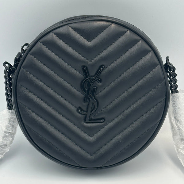 Saint Laurent Matelasse Calfskin Monogram Vinyle Round Camera Bag - Black
