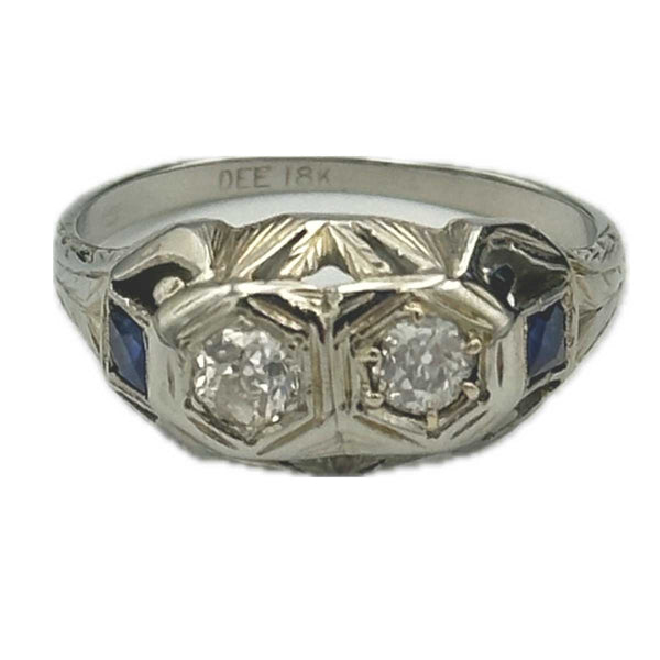Art Deco 2 Stone Diamond Ring with Sapphires