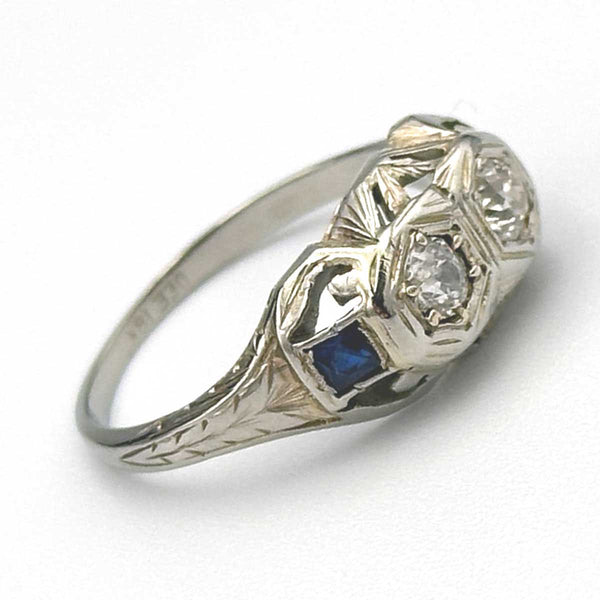 Art Deco 2 Stone Diamond Ring with Sapphires
