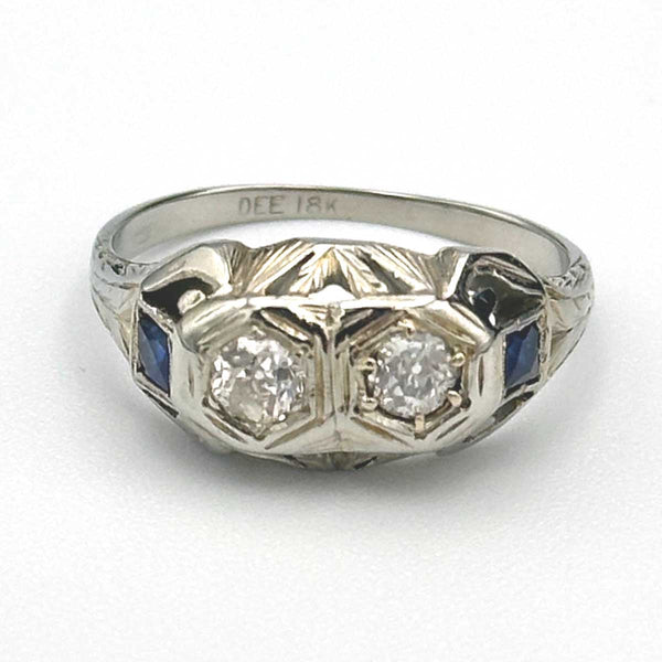 Art Deco 2 Stone Diamond Ring with Sapphires