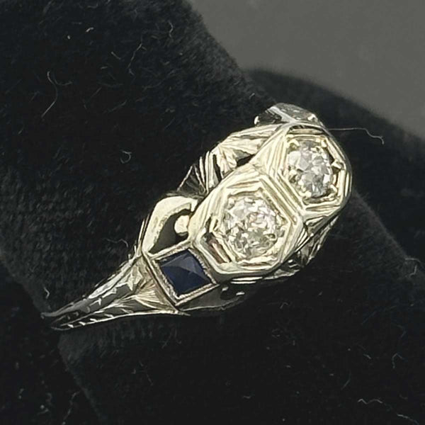 Art Deco 2 Stone Diamond Ring with Sapphires