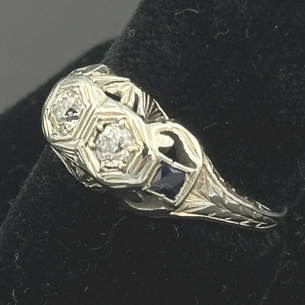 Art Deco 2 Stone Diamond Ring with Sapphires