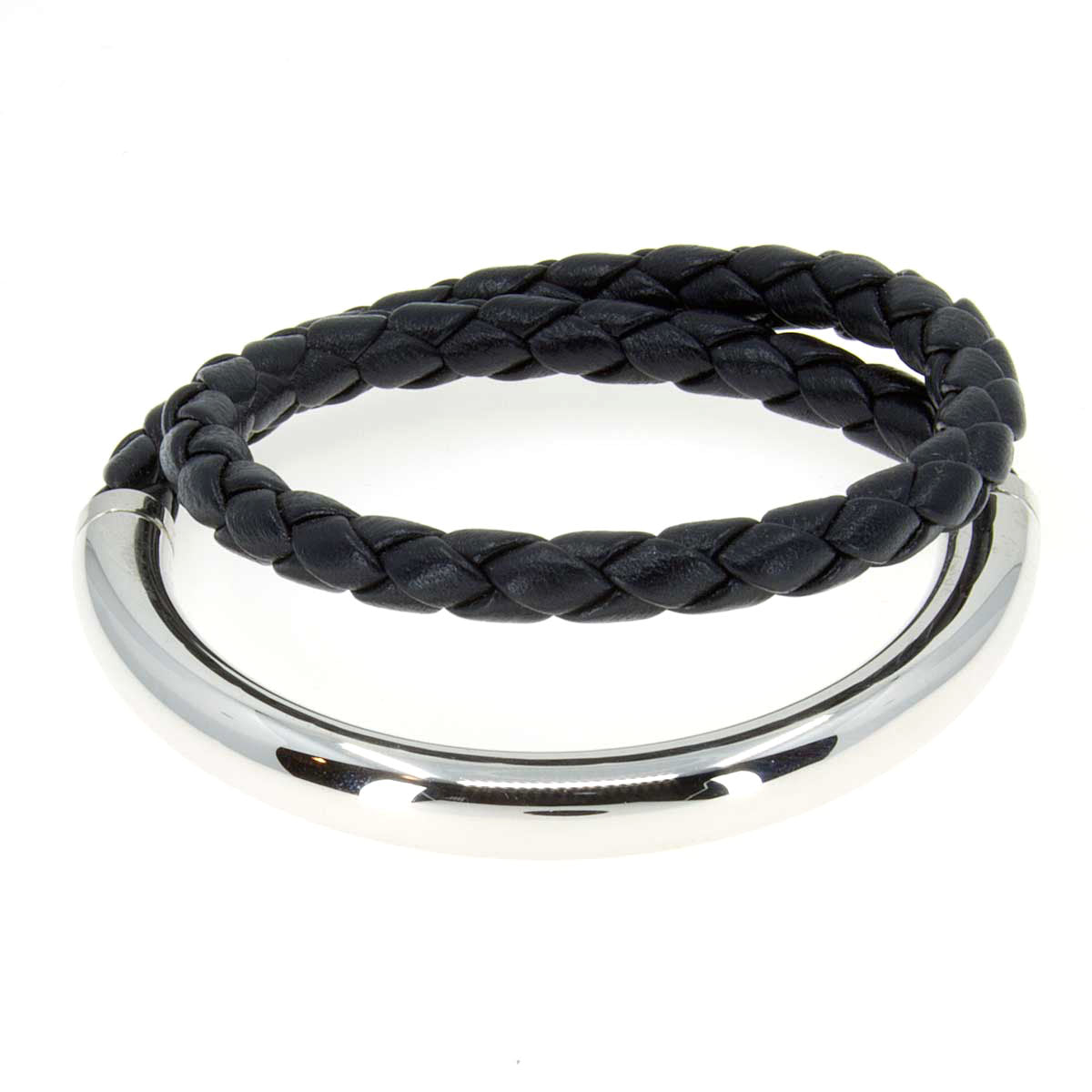 Men's Black Leather and Steel Braided Bracelet - CladdaghRings.com